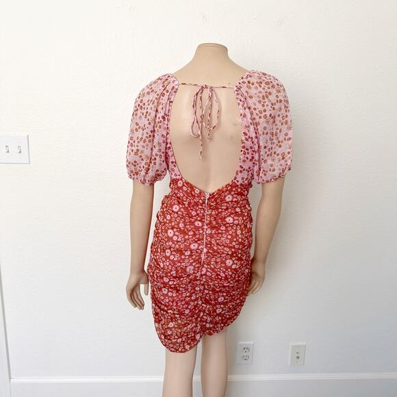 [Free People] Tessa Floral Puff Sleeve Ruched Open Back Mini Dress Size Large L - Picture 3 of 11